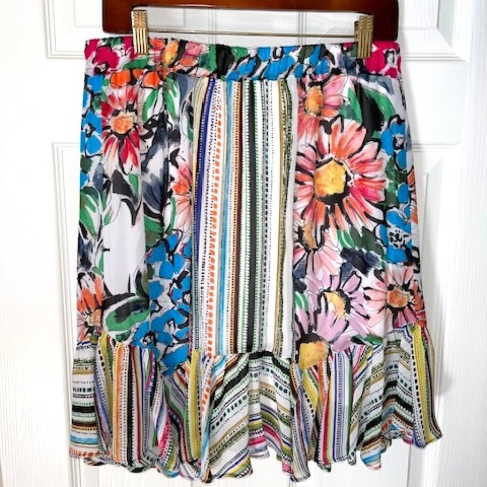 MELISSA PAIGE | Floral & Stripe Ruffled Skirt Petite Medium Elastic Waist-EUC - Picture 2 of 10